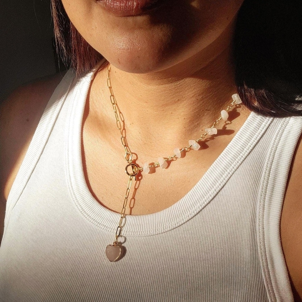 Gold Chain Necklace with Pink Heart Pendant, Genuine Rose Quartz with Toggle